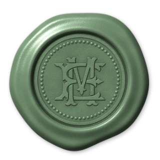 A sage-green wax seal pressed with an interlocked E and M