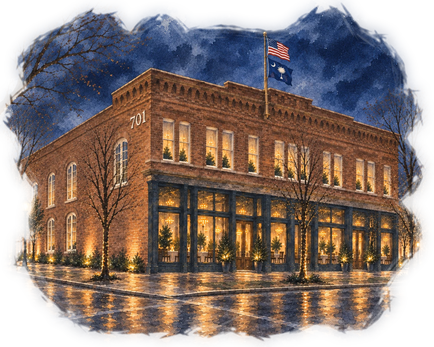 Watercolor of 701 Whaley on a winter night, its windows lit and the wet street shining